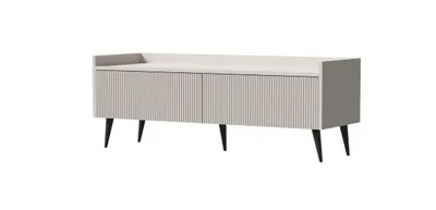 A beige TV lowboard with ribbed fronts and black legs, isolated on a white background.