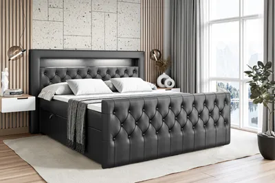 Produktbild von ALTDECOR Boxspringbett mit LED-Beleuchtung Matratze (20 cm hoch) und Topper (4 cm hoch), Polsterbett mit Kopfteil und Bettkasten - AURORA - 180x200 - H4 / Schwarz Kunstleder