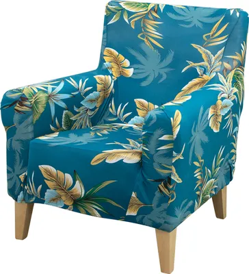 Produktbild von Sesselbezug 1 Sitzer, Stretch Hussen Blumenmuster Einzelsofa Möbelschutz mit Armlehnen, Stuhlbezüge Stuhlschutz Clubsessel Couchbezug, Blau