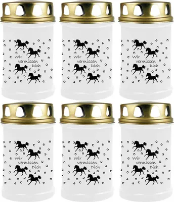 Produktbild von Grabkerze Weiß 6er Pack, Brenndauer: 48 Stunden ( je Kerze ), Motiv: Pferde