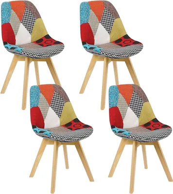 Four patchwork dining chairs are arranged in a grid formation against a white background.