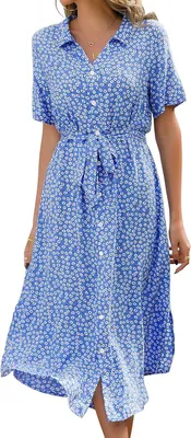 Produktbild von ASKSA Damen Sommerkleid Kurzarm Casual V-Ausschnitt Blumendruck Kleider Strandkleider y Schlitz Midikleid mit Guertel (Himmelblau,M)