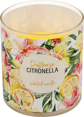 Produktbild von Citronella Kerze im Glas mit Banderole "Tropical" Gelb 92/80 mm