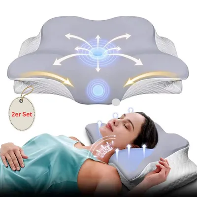 Produktbild von Nackenkissen 2er Set Kopfkissen Ergonomisches Orthopädisches Kissen Schlafkissen Memory Foam Kissen Seitenschläfer UBNFRK® (weiß/grau)