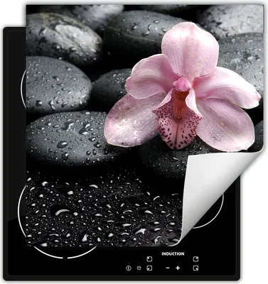 Produktbild von DarHaus Herdabdeckplatte 60x52 cm Anti Rutsch Matte Aufrollbar, schwarz - Tropfen - Blume