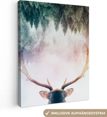 Obrázek produktu pro OneMillionCanvasses® - Obrazy na plátně - Jelen - Parohy - Les - Mlha, nástěnná malba, nástěnné dekorace obrazy obývací pokoj, 90x120cm
