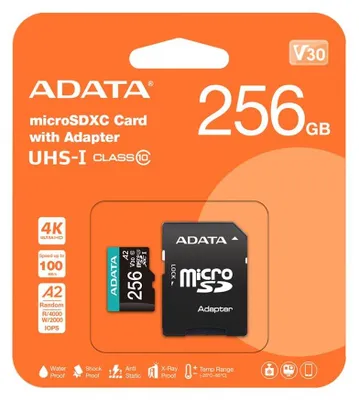Zdjęcie produktu dla ADATA Premier Pro, 256 GB, MicroSDXC, Klasa 10, UHS-I, 100 MB/s, 80 MB/s