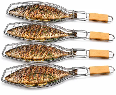 Obrázek produktu pro Sada 4 ks: pekáč na ryby, košík na grilování 36 x 15 cm, držák na ryby s dřevěnou rukojetí, grilovací kleště na pstruhy, cejny, lososy, makrely, krevety a zeleninu – příslušenství na grilování
