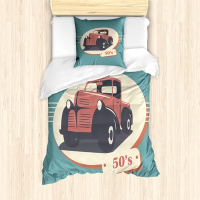 Produktbild von ABAKUHAUS Retro Mantele, Nostalgische Antik Fahrzeug, Milbensicher Allergiker geeignet mit Kissenbezügen, 135 cm x 200 cm - 80 x 80 cm, Rot, Gelb, Teal