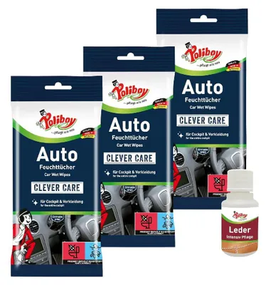Produktbild von Poliboy 3er Auto Feuchttücher - Inklusive Leder Probe - für Auto Innenflächen - 2502001
