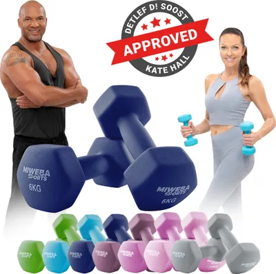 Produktbild von Miweba Sports Profi Neopren Hantel NKH100 | Hantelset - Kurzhanteln - Hexagon - Home Workout - Krafttraining - Anti Rutsch (Königsblau 2x 6,0 Kg)