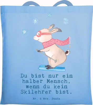 Produktbild von Mr. & Mrs. Panda Tote Bag Skilehrer Herz - Sky Blue - Geschenk, canvas tasche, Schultasche, festivaltasche, Büchertasche