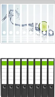 Produktbild von Wallario 8 Stück schmale Ordner inkl. Klebeetiketten mit Motive Limettenscheibe in spritzigem Wasser -  Set mit Rückenschildern / Ordnerrücken Stickern