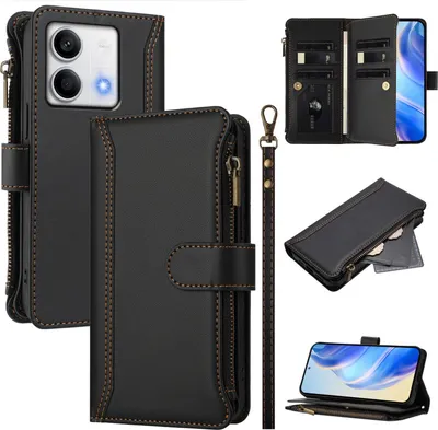 Immagine prodotto di Custodia per Xiaomi Redmi Note 13 5G, con cerniera, portafoglio in Finto cuoio con tasche per carte, supporto e passante per la mano nero