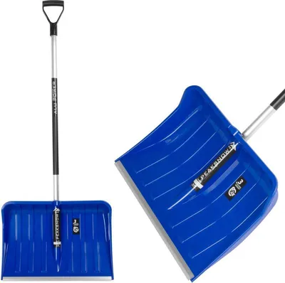 A blue snow shovel with a silver and black handle, shown from the front and a close-up angled view.