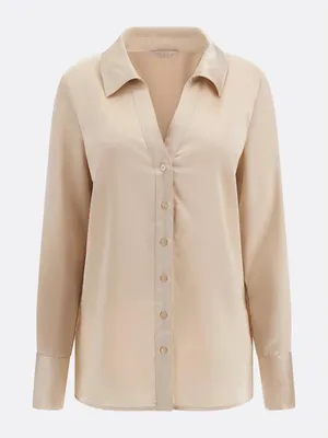 Imagen del producto de Blusa de mujer GUESS, manga larga, modelo FLORIANE, color beige, talla L. Blusa elegante y versátil