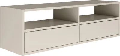 Produktbild von Selsey Framme – hängendes TV-Board mit zwei Klappen und offenen Ablagen, Kaschmirgrau, 100 cm