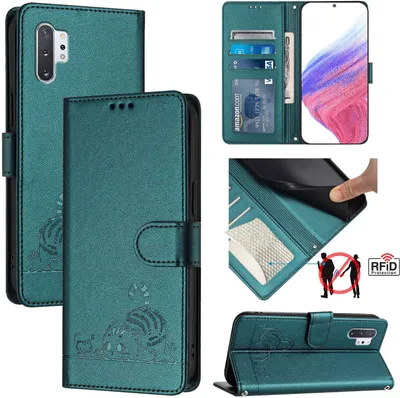 Produktbild von Leder Hülle für Samsung Galaxy Note 10 Plus Süße Katze Flip Case Brieftasche Schutzhülle mit Standfunktion Grün
