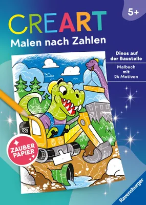 Produktbild von Ravensburger CreArt Malen nach Zahlen ab 5: Dinos auf der Baustelle, Malbuch, 24 Motive, Zauberpapier