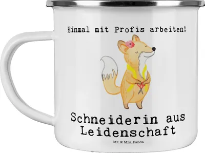 Produktbild von Mr. & Mrs. Panda Teetasse Schneiderin Leidenschaft - Weiß - Geschenk, Emaille Tasse, Pott, Kaffeepott, Becher, Teebecher