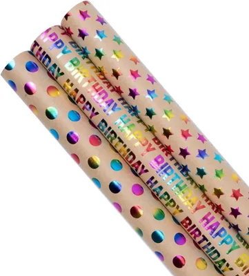 Obrázok produktu pre Darčekový papier na narodeniny, 3 rolky, 43 cm x 3 m, recyklovateľný, vhodný na oslavy