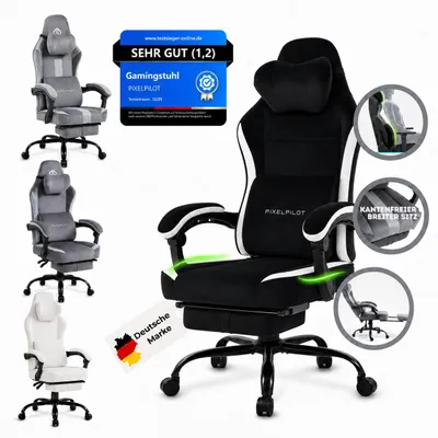 Produktbild von PiXELPiLOT Gaming Stuhl mit Fußstütze, ergonomischer PC- und Bürostuhl mit atmungsaktivem Stoffbezug, breiter Sitzfläche, Kopf- und Lendenkissen, KI-generiertes Bild