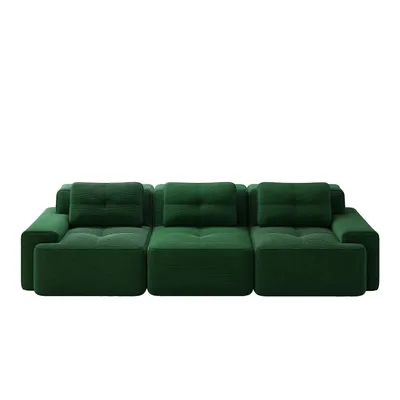A green modular sofa shown from the front against a white background.