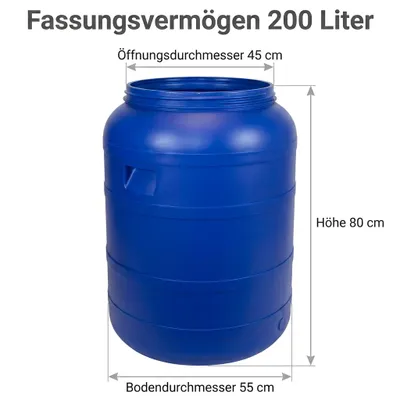 Produktbild von Kunststofffass 200L Lebensmittelfass Weithalsfass Futtertonne Regentonne mit Schraubdeckel Blau, KI-generiertes Bild