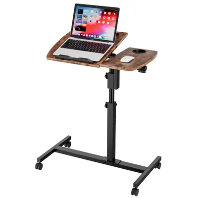 A mobile laptop table with a vintage brown top and black adjustable stand with wheels.