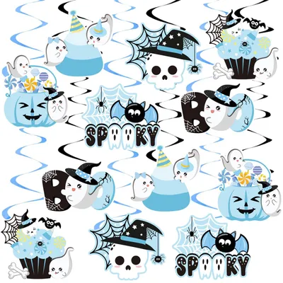 12 Halloween-Hänge-Dekorationen, Fledermäuse, Spinnen, Geister, Kürbis, Blau