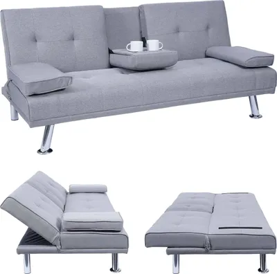 Produktbild von 3er-Sofa HWC-F60, Couch Schlafsofa Gästebett, Tassenhalter verstellbar 97x166cm  Textil, hellgrau