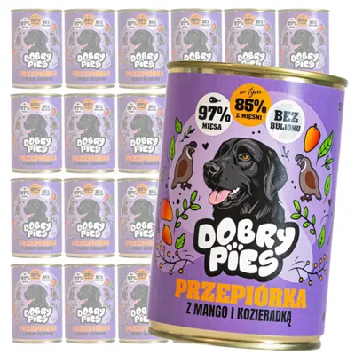 Zdjęcie produktu dla Dobry Pies  przepiórka, mango, kozieradka mokra karma dla psa w puszce 24x400g