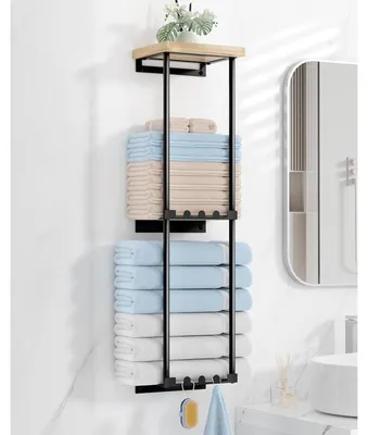 Produktbild von Handtuchregal ohne Bohren mit Ablage und 6 Haken Schwarz 72x20x16 cm