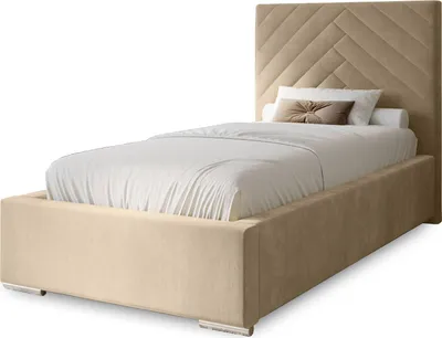 Produktbild von Polsterbett Aura 90x200 cm, Bett mit Kopfteil, Doppelbett mit Bettkasten, Lattenrost und Matratze aus Holz, Velourstoff: Creme