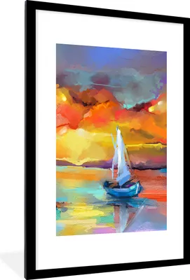 Produktbild von MuchoWow® Gerahmtes Poster Malerei - Ölfarbe - Boot - Farben 60x90 cm - Poster mit Schwarzem Bilderrahmen Wandposter Rahmen Foto Bilder - Dekoration - Wandposter Wohnzimmer - Hochwertig