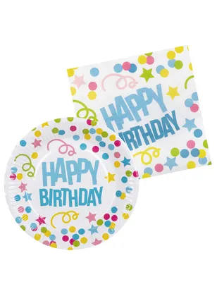 Produktbild von Tischset Happy Birthday - 6 Teller, Becher + 12 Servietten - Geburtstagsfeier