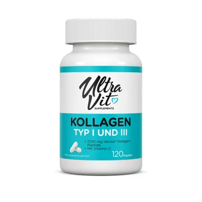 Produktbild von UltraVit Kollagen Typ I&III 120 Kapseln Verisol Vitamin C Anti-Aging für Haut Haare Nägel