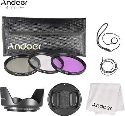 Obrázok produktu pre Sada filtrov Andoer 58 mm (UV + CPL + FLD) + nylonové puzdro + krytka objektívu + držiak krytky + slnečná clona + čistiaca utierka na objektív