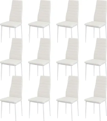 A grid of 12 white dining chairs with metal frames, all arranged on a white background.