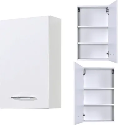 A white bathroom cabinet is shown in a studio setting against a white background. The cabinet is shown closed on the left and open on the right, revealing its shelves.