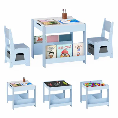 Immagine prodotto di Tavolo per bambini COSTWAY con 2 sedie, set da tavolo e sedie per bambini in legno, composto da tavolo con piano, scaffali, cassetti rivestiti in tessuto. Ideale come tavolo da disegno per bambini