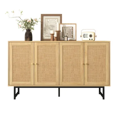 A wooden sideboard with rattan doors is displayed against a white background, with decorative items on top.