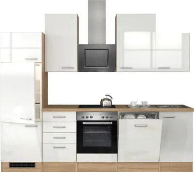 Produktbild von Küchenzeile mit E-Geräten - 280 cm breit - Hochglanz Weiß Sonoma Eiche – Valencia