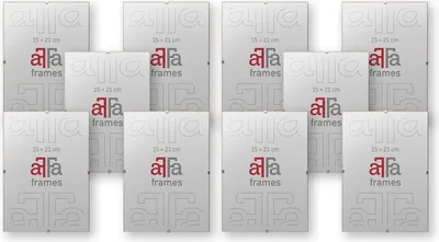 A collection of picture frames arranged in a grid.