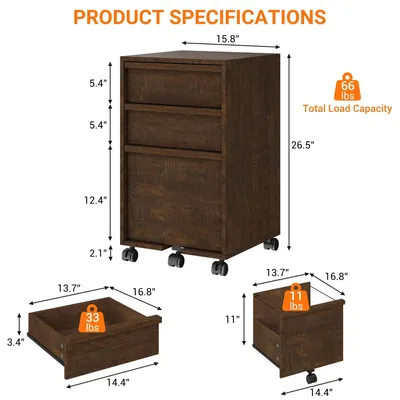 Produktbild von Rollcontainer - Mobiler Aktenschrank mit 3 Schubladen - Holz - Feststellbare Rollen - Druckerständer - 67,3 x 40,1 x 36,8 cm - Braun