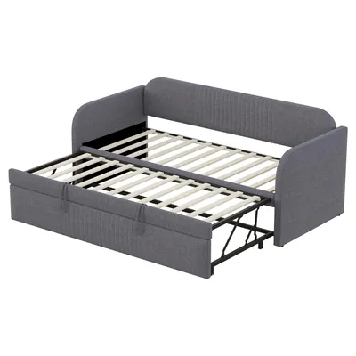 Produktbild von Multifunktionales Schlafsofa 90x190 bis 180x190 cm ausziehbar, Polsterbett mit Hydraulik-Konstruktion, Tagesbett Leinen-Optik Beige, Belastbar 300 kg