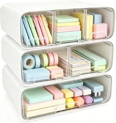 Immagine prodotto di Set di contenitori impilabili, 3 pezzi, 6 scomparti, organizer da scrivania
