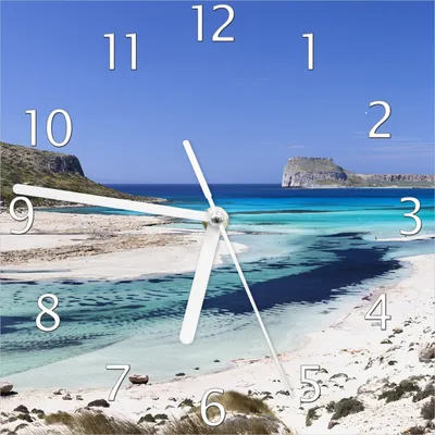 Produktbild von Wallario Design Wanduhr Einsame Bucht mit weißem Sand und klarem Wasser aus Echtglas, Größe 20 x 20 cm