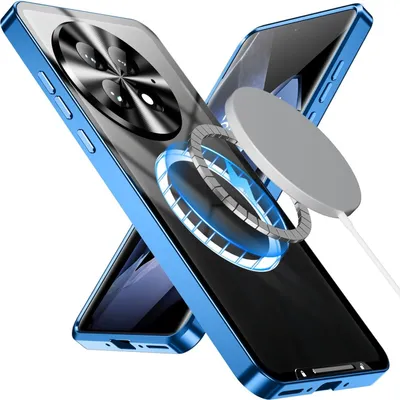 Two blue phone cases are shown diagonally, with a magnetic charging accessory positioned between them.
