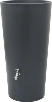 A tall, dark gray rain barrel with a silver spigot is shown against a white background.